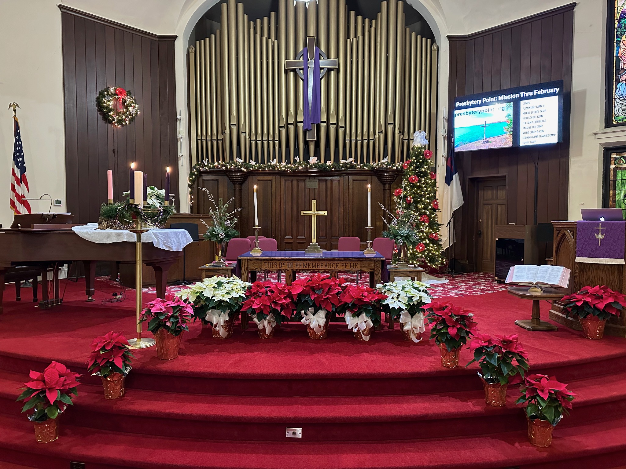 Sanctuary decorated for Christmas worship.